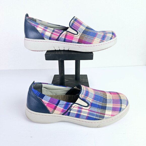 Dansko Women's Belle Slip On Blue Madras Plaid Arch Support Flats, 40 - Picture 4 of 9